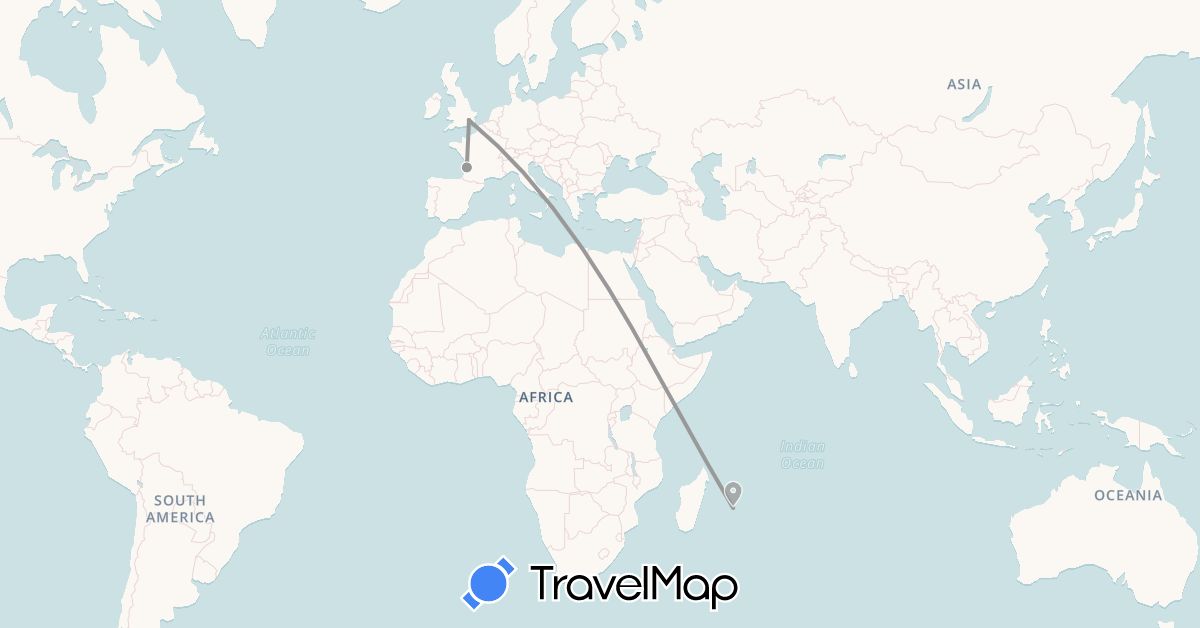 TravelMap itinerary: driving, bus, plane in France, United Kingdom, Réunion (Africa, Europe)